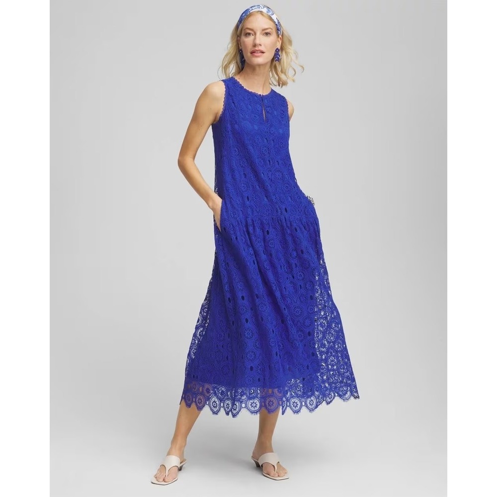 Chico's Maxi Dress Medallion Lace 4 Cobalt Blue Women Sleeveless Eyelet New